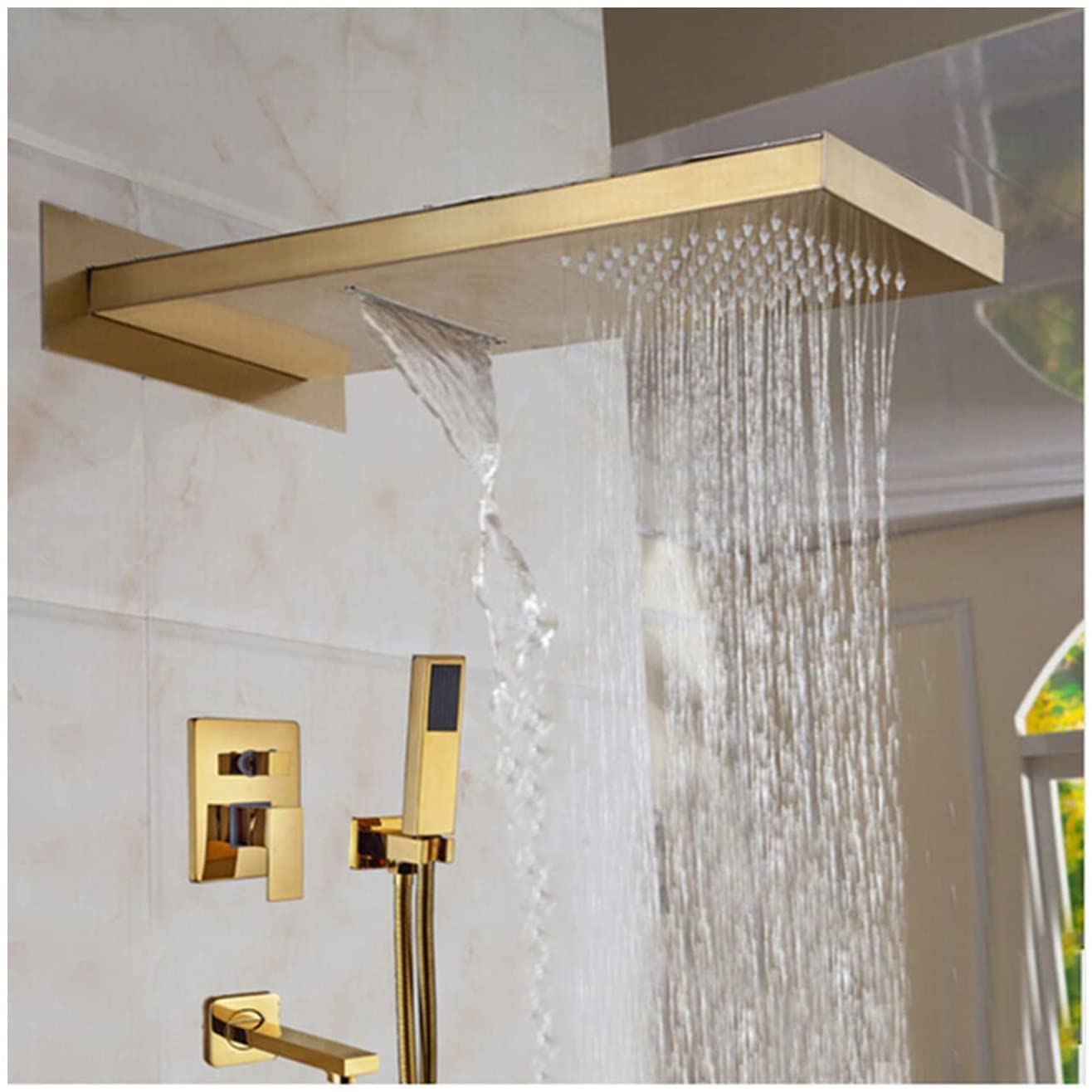 AYCDL Shower System Concealed Shower Faucet Set Gold Wall Mounted Luxury Rain Mixer Shower Combo Set with Hand Shower and Rainfall Shower Head Advanced Air Injection