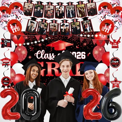 Image of Holkcog 2026 Graduation Decorations, Black Red Class of 2026 Congrats Graduation Backdrop, Balloons, Honeycomb ornament for Graduation Party Decorations, Outdoor Indoor Grad Party Decor Supply