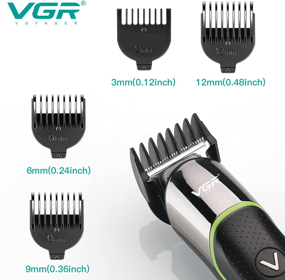 VGR V-191 Trimmer guide comb sizes: 3mm, 6mm, 9mm, and 12mm, shown attached to the trimmer.