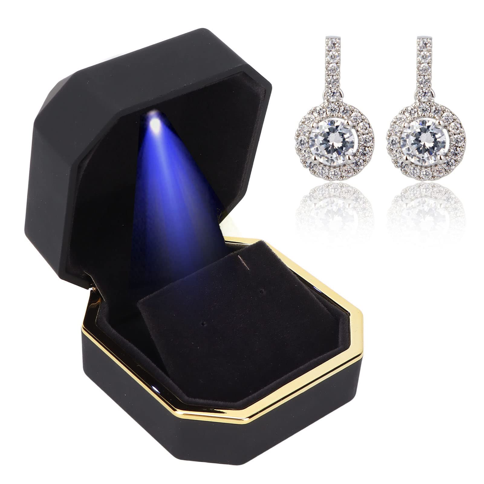 Sieradendozen voor Geschenken, Led-verlichte Sieraden Geschenkdoos Earring Ear Stud Display Case voor Voorstel Verloving Bruiloft, voor Voorstellen, Jubilea, Verlovingen en Meer(zwart