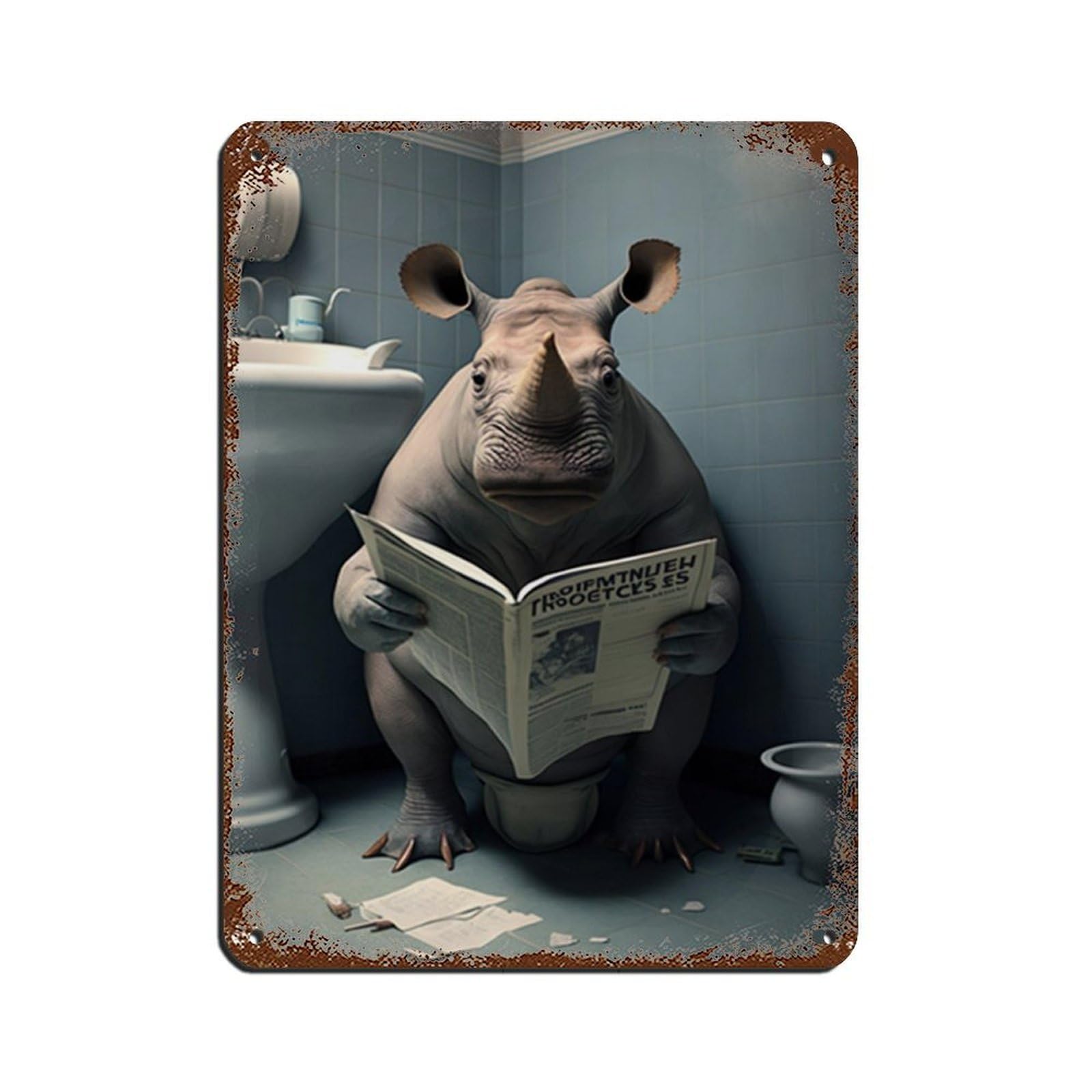 Lxwnze 30L X 40W Cm Rhino Sitting On The Toilet Reading A Newspaper (2) Tin Sign Vintage Metal Pub Club Cafe Bar Home Wall Art Decoration Poster Retro 12X16inch(30X40cm)