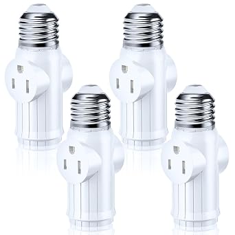 4 Packs Light Bulb Plug Adapter, Screw in E26 E27 Light Socket to Plug Adapter for Expanding 3&2 Prong Sockets, Safety Performance Light Socket Adapter for Patio, Garage, Porch White