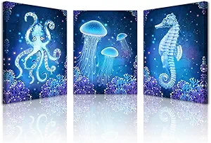 Lapremoly Blue Ocean Animal Seascape Canvas Prints Wall Art Paintings For Bedroom Framed Wall Decor for Living Room Ready To Hang Bathroom Wall Pictures Modern Home Decoration Artworks 3 Pieces