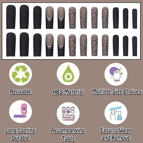 Miniatura 3 de ANDGING Uñas postizas a presión negras con diseño de corazón mate, uñas postizas cuadradas a presión, uñas postizas cuadradas a presión, uñas