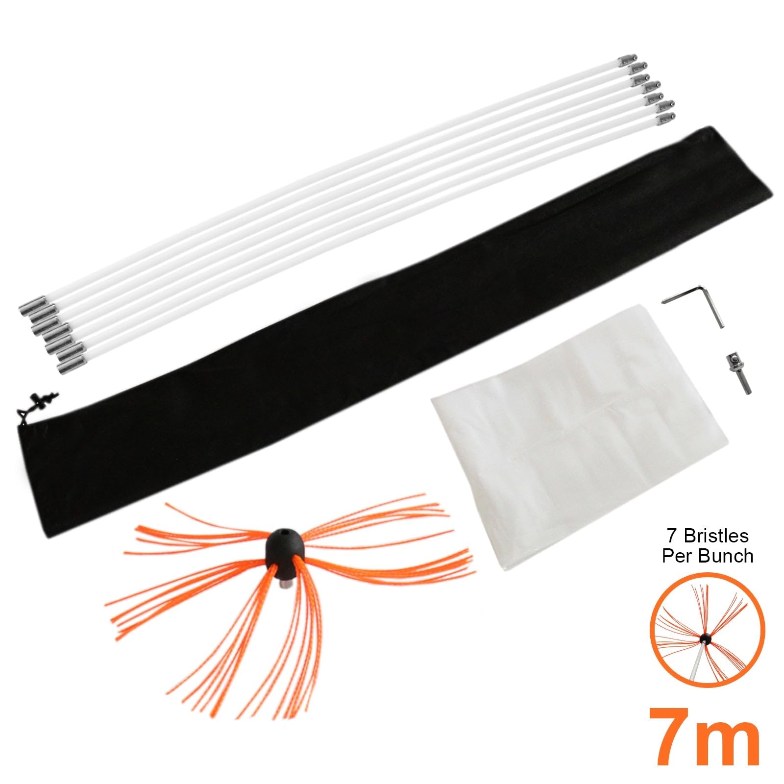 Monstershop - Scovolo Spazzacamino per Trapani Avvitatori con Adattatore Spazzola Camino Canna Fumaria Ciminiera Asta Nylon Flessibile con 6 Spazzole da 7 Setole - 7m
