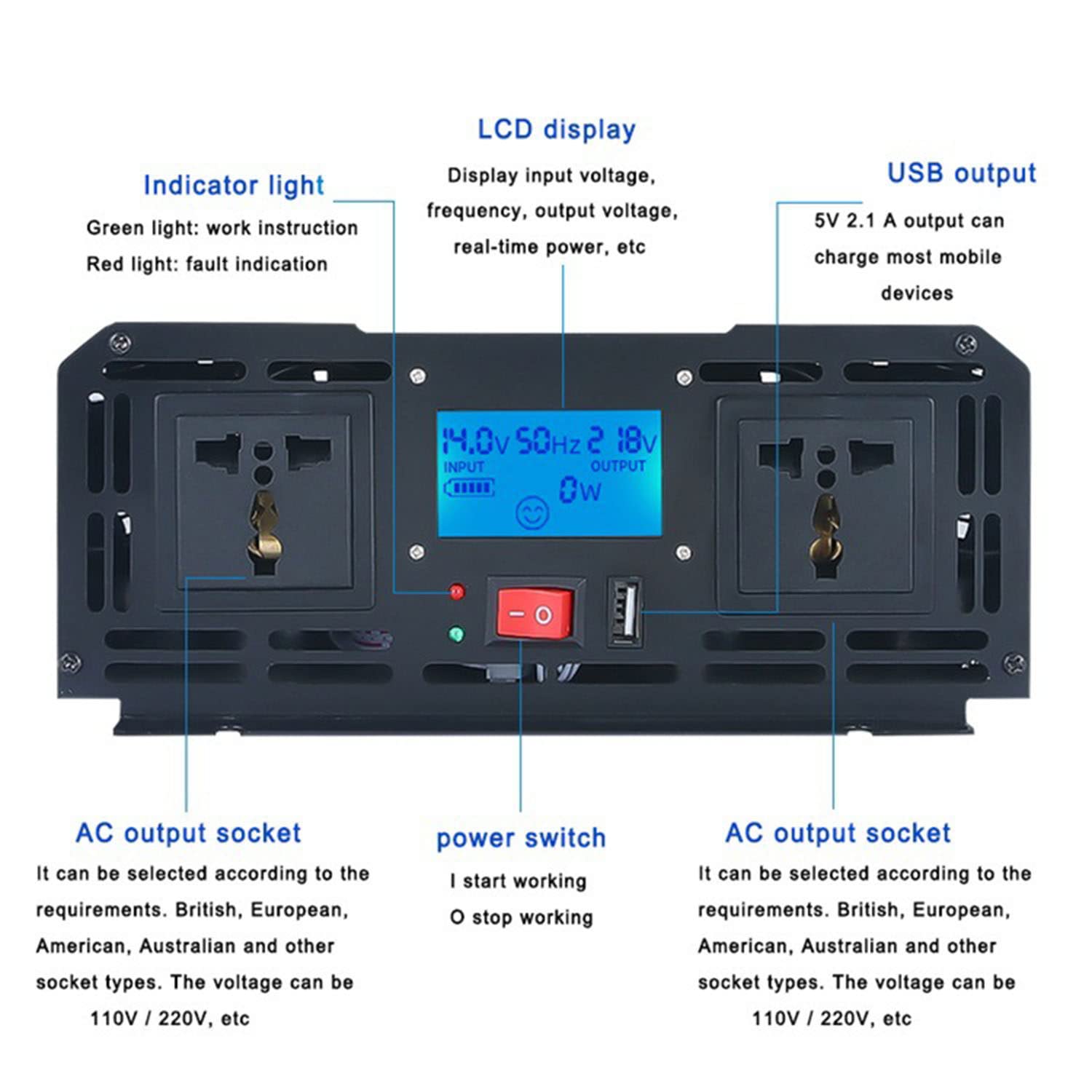 1000 W 2000 W 3000 W 4000 W 5000 W (moc znamionowa) Przetwornica czystej fali sinusoidalnej 12 V/24 V DC na 110 V/220 V AC do domu, kampera, falownika słonecznego z wyświetlaczem LCD 2 gniazda AC, 2