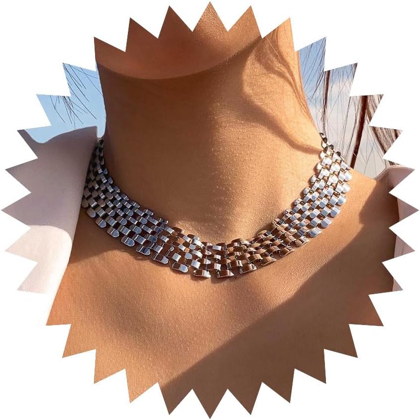 Silver Chunky Chain Necklace Simple Bib Collar Necklace Thick Geometric Chain Collarbone Necklace Table Chain Statement Necklace Hip Hop Jewelry for Women