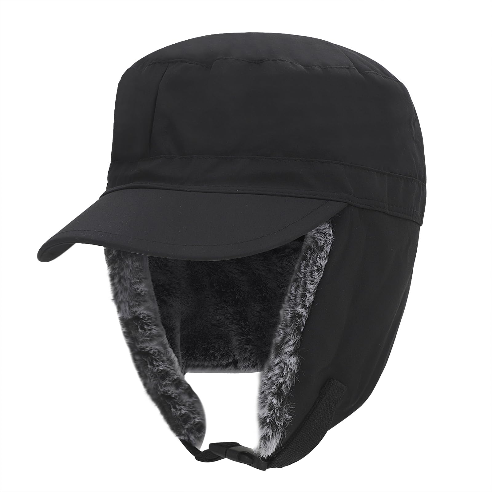 LYING Thermal Hat, Cap with Earmuffs, Work Cap, Men's, Women's, Waterproof, Windproof, Winter, Large Size, Flight Hat, Warm, Fleece-Lined, Wide Brim, Cap, For Winter, Skiing, Snowboarding, Biking 56 to 60 cm Black