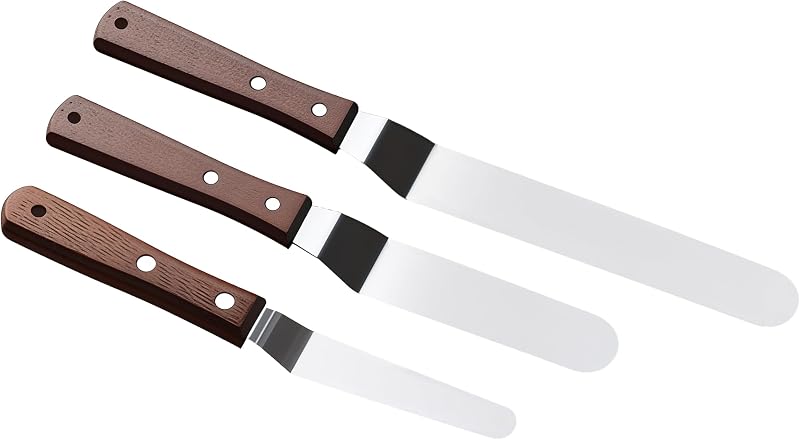 Offset Spatula Set of 3 Pcs - Icing Spatula with 4", 6", 8" Stainless Steel Blades - Cake Spatula Icing Smoother with Wooden Handle - Angled Frosting Spatula for Cake Decorating, Pastry & Baking