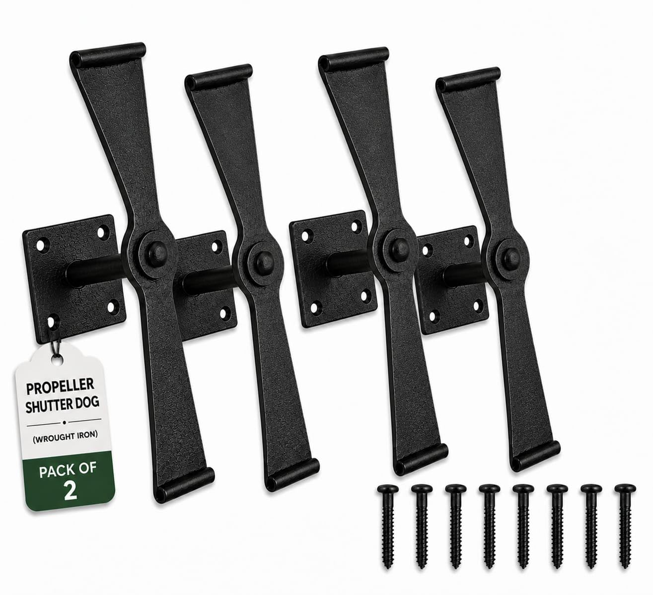 Renovators Supply Manufacturing Black Shutter Dogs 5 3/4 In. Propeller Shaped Wrought Iron Shutter Dogs With Mounting Hardware Pack Of 2
