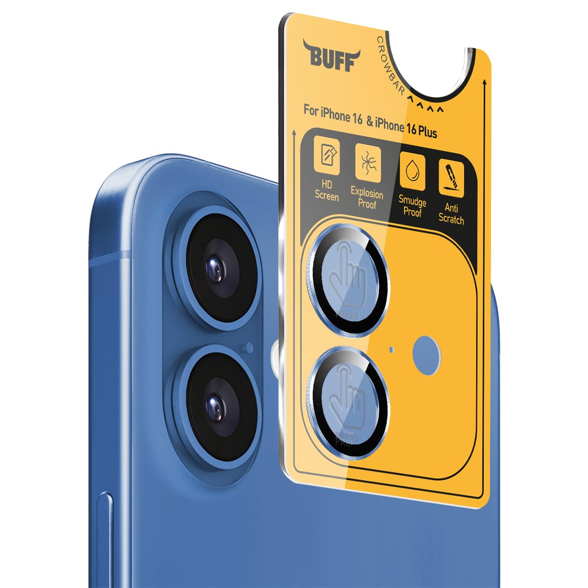 BUFF LABS iPhone 16 / iPhone 16 Plus Metal Kamera 9H Lens Koruyucu (Blue)