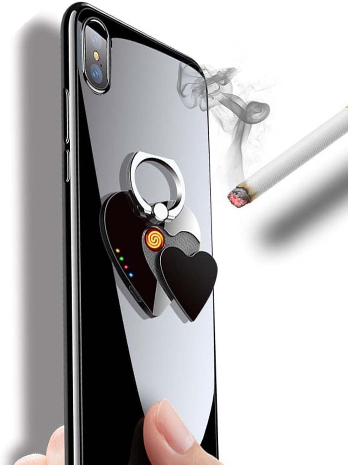 Creative Cell Phone Ring Holder 360 Degree Rotating Mini Rechargeable Lighter with Led Battery Display for Fire, Iense, Candle,Multicoloured, Black