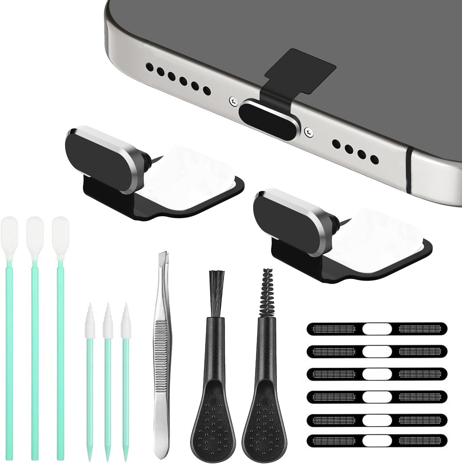 携帯電話スピーカーメタルダストメッシュ、typeC充電ポートダストプラグ、紛失防止USB Cクリーニングブラシクリーニングツールセット、iPhone 15 16シリーズ用 (ブラック)
