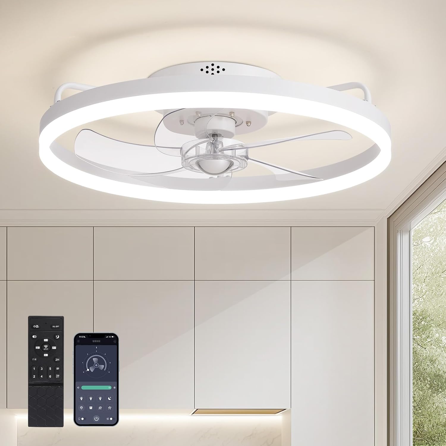 Ceiling Fans with Lights, Flush Mount Ceiling Fan with Lights and Remote, 6 Wind Speeds Low Profile Ceiling Fan for Bedroom, Kitchen and Kids Room 20" (White) White-Basic-LL-6002WH-01