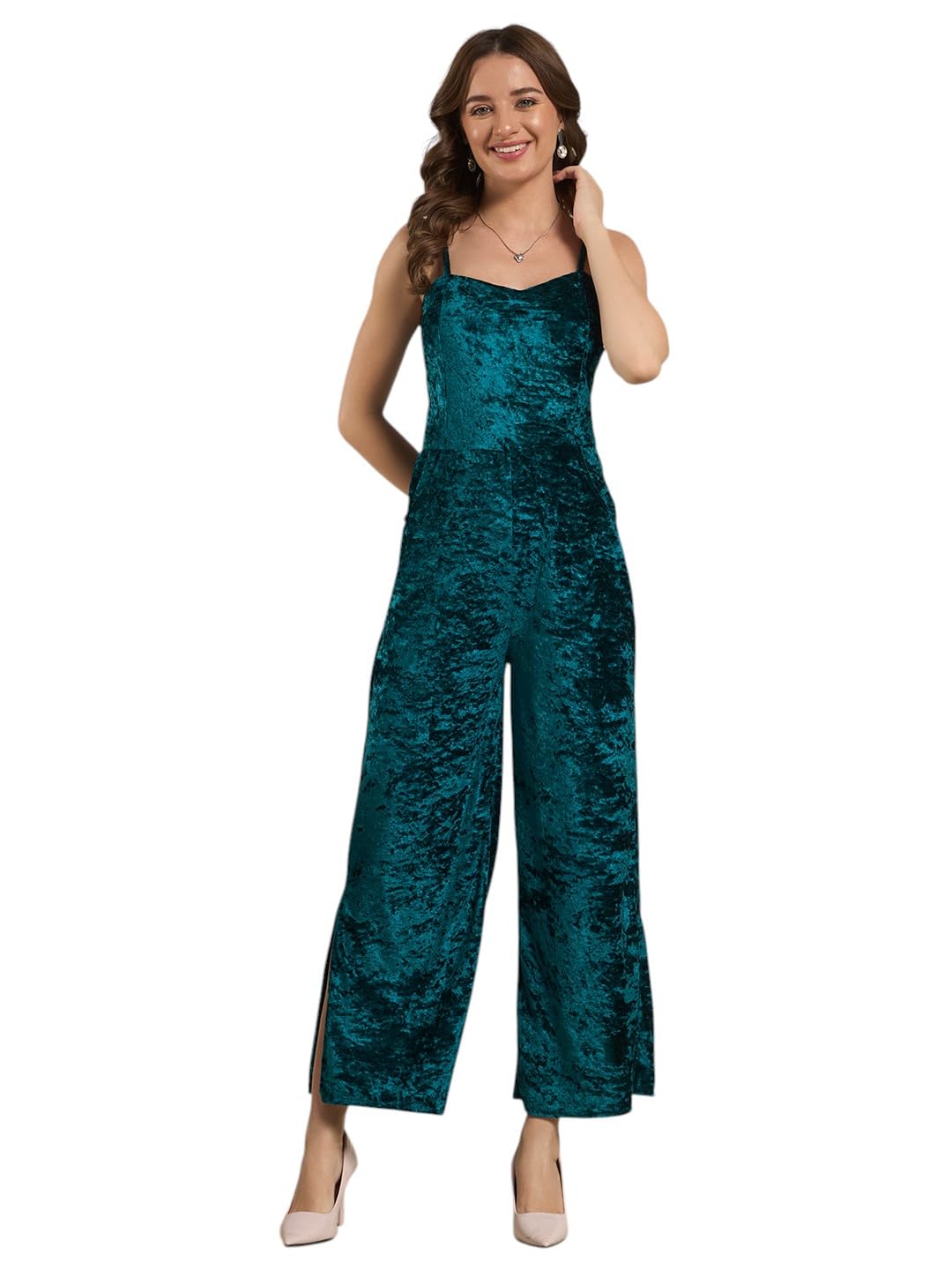 vaararo Wide Leg Party Jumpsuit for Women with Side Pockets | Elegant Crushed Velvet One Piece with Adjustable Straps & Back Zip Closure | Cocktail Birthday Date Night Evening Outfit-picture-3