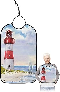 Kewadony Adult Bibs for Elderly Women - Red Lighthouse Waterproof Dining Clothing Protectors with Crumb Catcher for Eating/Feeding, Nautical Coastal Watercolor Blue Ocean Terry Cloth Bib Washable