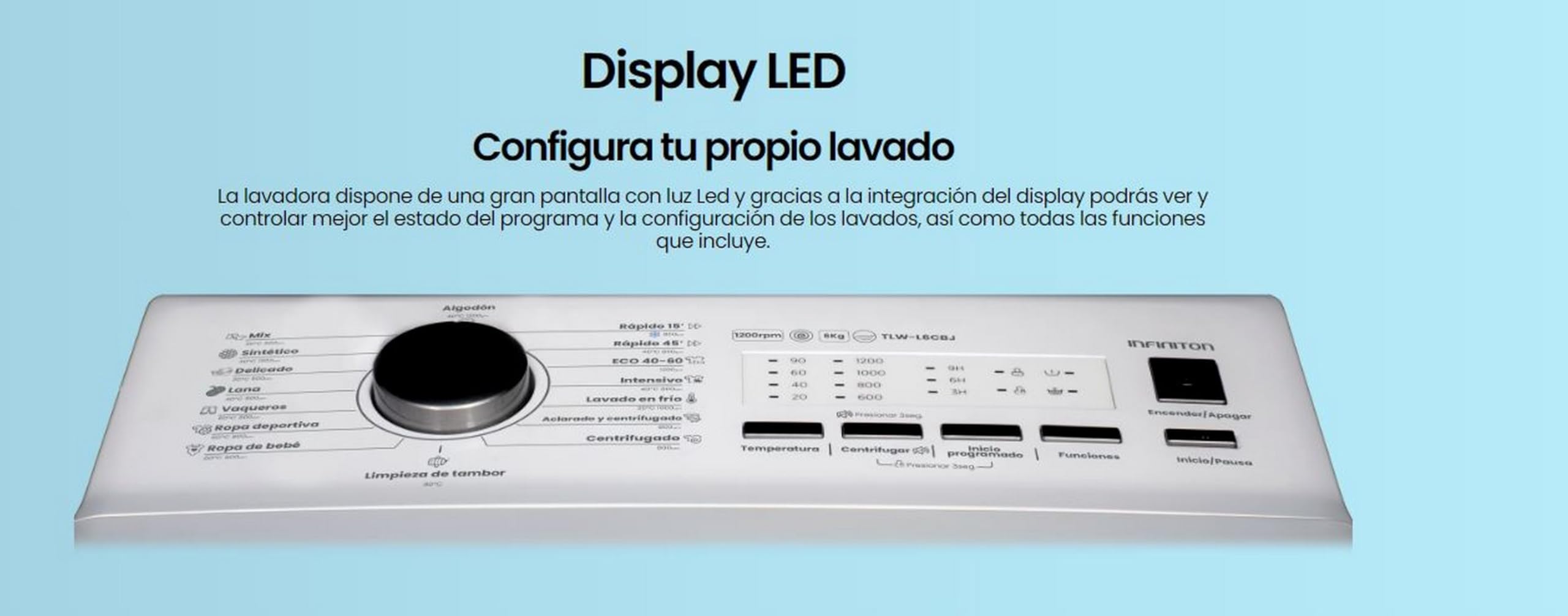 INFINITON Lavadora Carga Superior TLW-L62CBJ, 6 Kg, 1200 rpm, C, Función VAPOR CARE, Lavado en frio, 16 Programas, Regulación en altura, Blanco