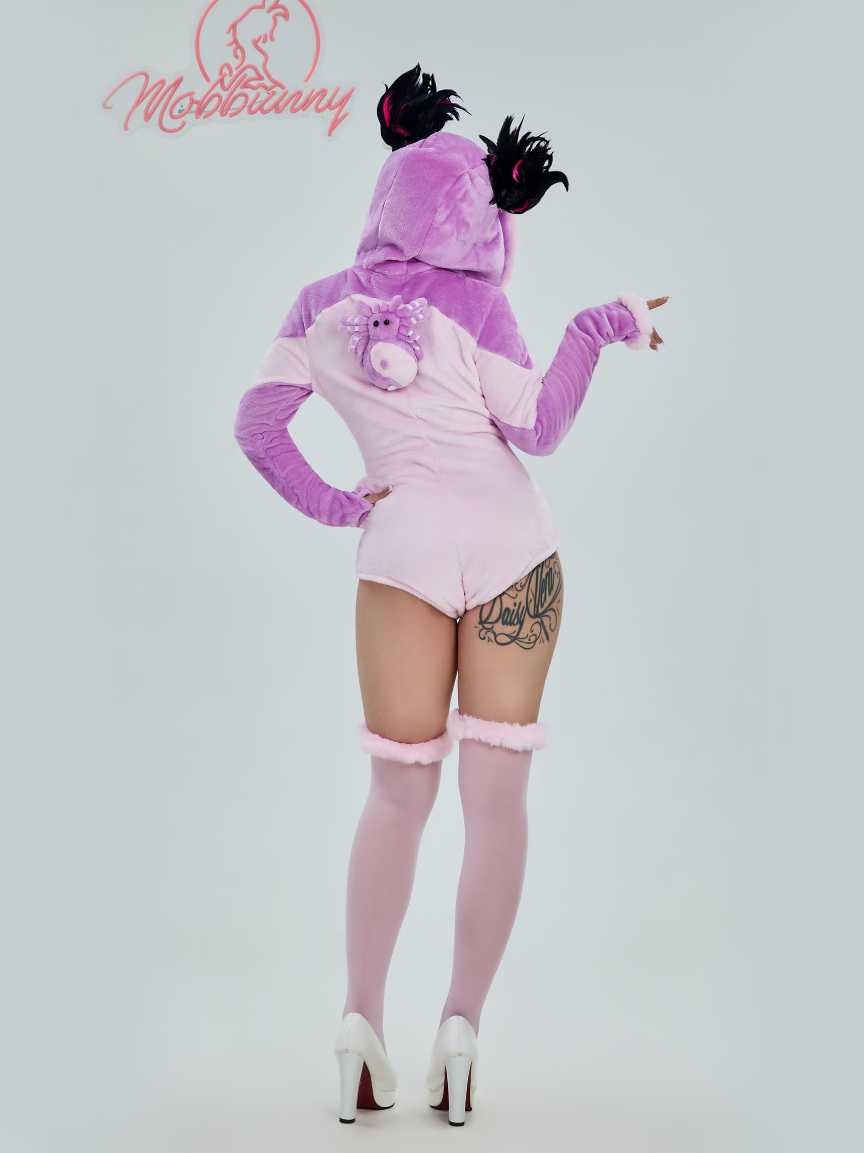 Mobbunny Onesie for Women Anime Cosplay Romper Fuzzy Pajamas Purple Jumpsuit Fluffy Hooded Homewear Christmas Halloween