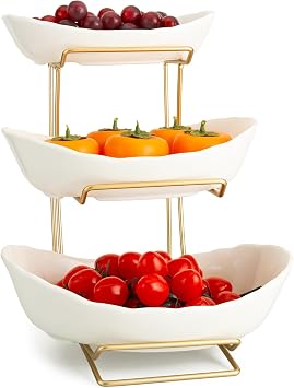 YYW 3 Tier Fruit Bowl for Kitchen Counter, White Gold Ceramic Fruit Stand for Countertop, Home Fruit Rack with Holder, Vegetable Bowl Snacks Nuts Bread Candy Storage White