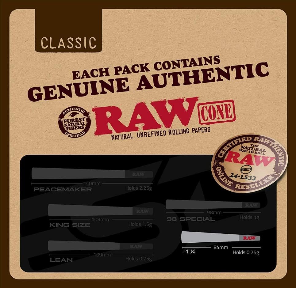RAW Cones Classic 1-1/4 Size | 50 Pack | Natural Pre Rolled Rolling Paper with Tips & Packing Tubes Included