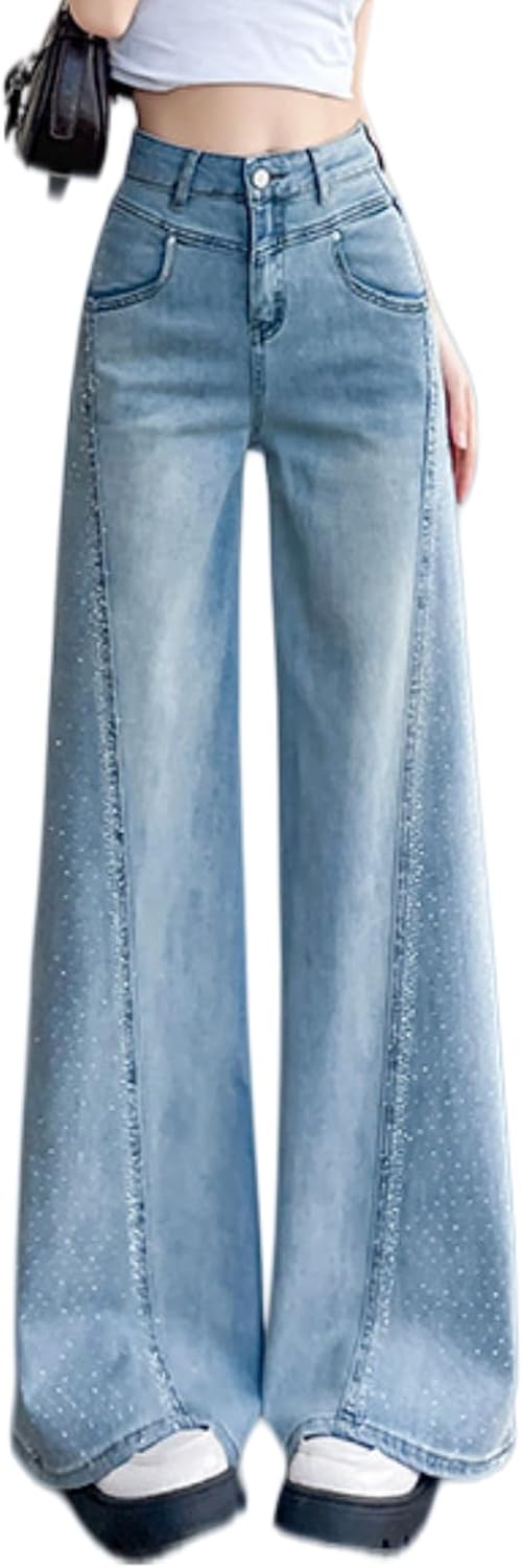 Women's Rhinestone Jeans Wide Leg Flare Denim Pants High Waist Trendy Wide Leg Sparkle Shiny Sequin Glitter Trouser