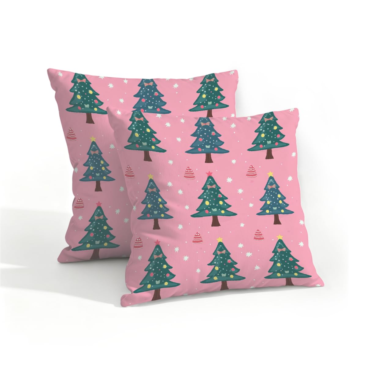 Outdoor Pillow Covers Waterproof Pillowcases 16x16IN Set of 2 Green Christmas Tree on Pink Decorative Throw Cushion Case for Couch Sofa Garden Patio Furniture