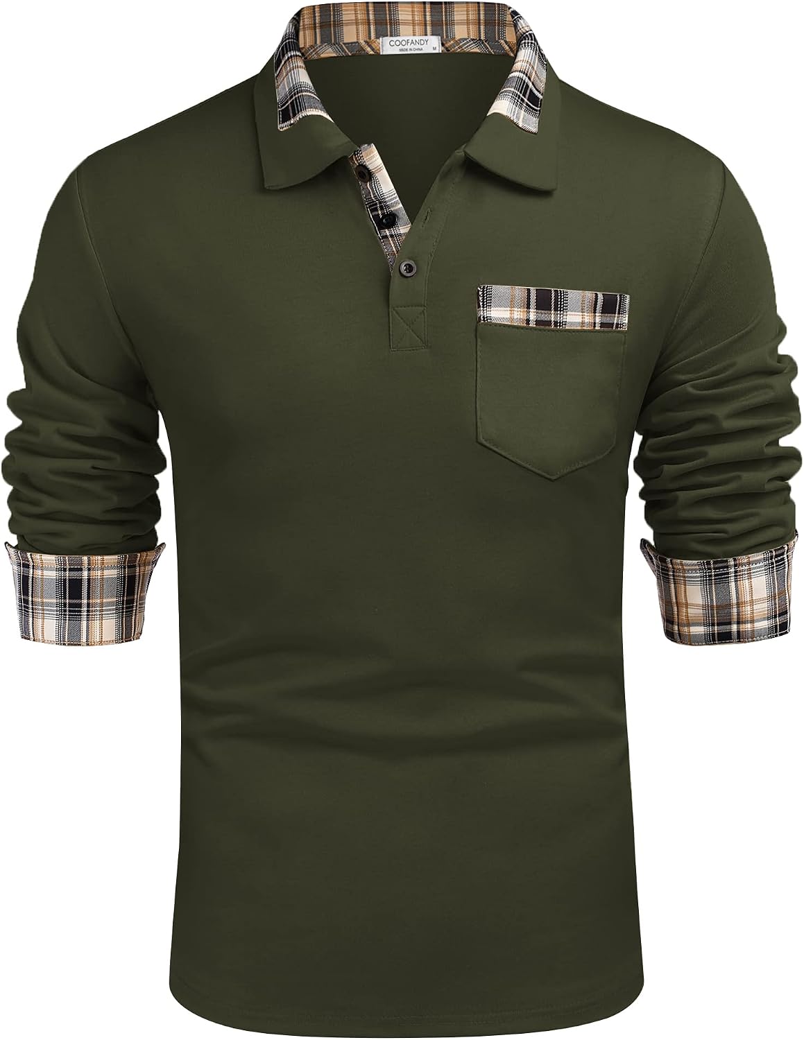 COOFANDY Men's Casual Long Sleeve Plaid Collar Polo Shirt with Pockets