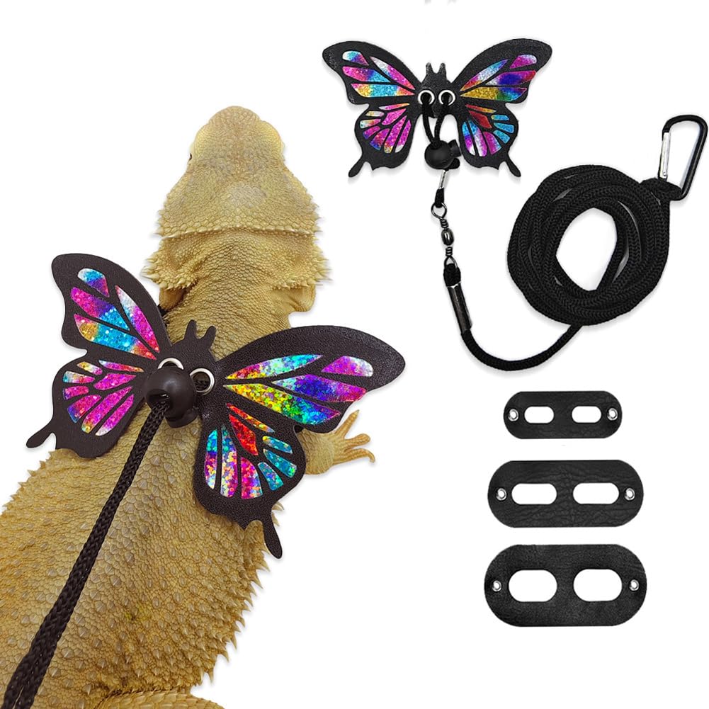 Bearded Dragon Harness Leash Set Adjustable 3PC Leather Vest Butterfly Wings Harness Lizard Outdoor Walking Control Rope for Iguana Gecko Chameleon Hamster Ferret (Rainbow)