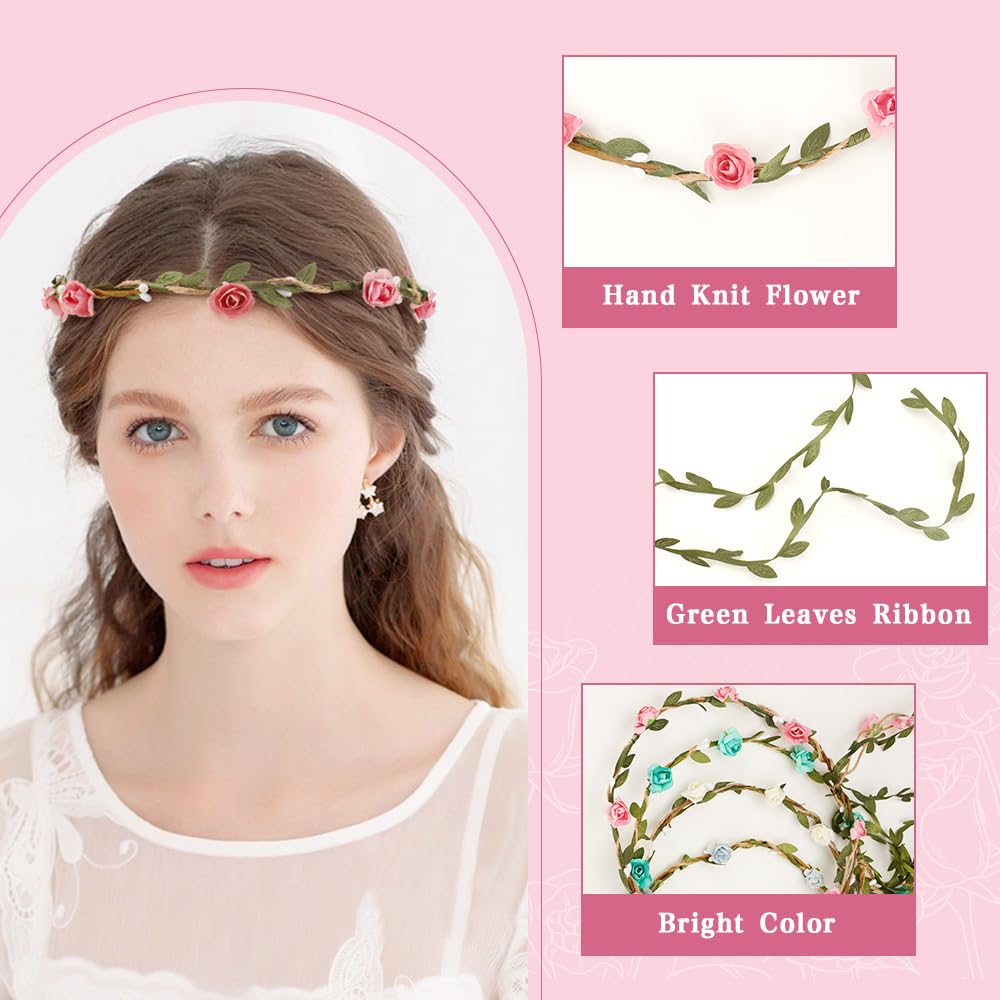 Flower Headband,4pcs Flower Crown Headband,Floral Headbands For Women,Festival Headbands,Floral Hair Wreath,For Women Wedding Festival Party(4 Colors-White,Blue,Light Blue,Pink) - Image 3