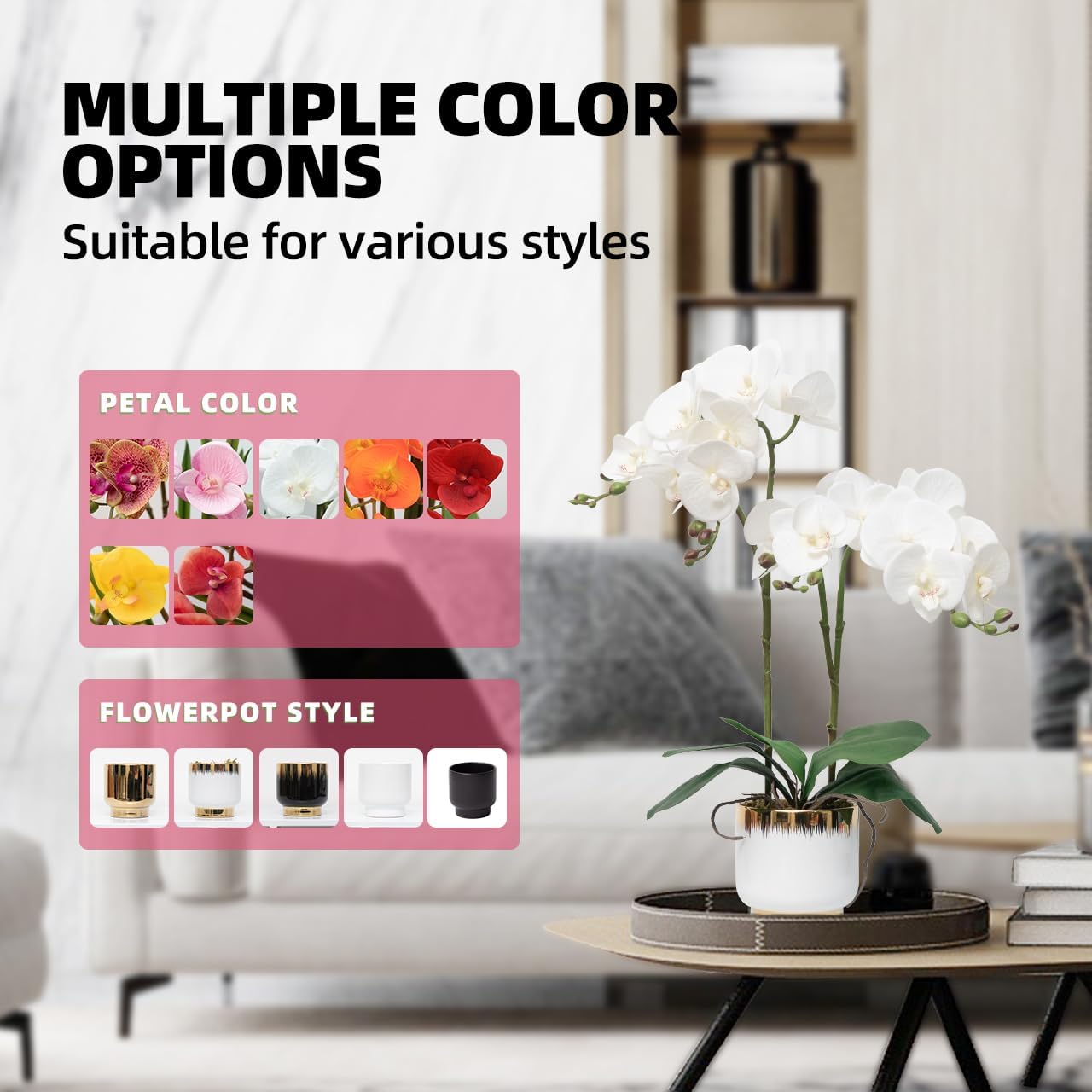 CXGS Orchids Artificial Flowers Real Touch Fake Flowers in Ceramic Pot 20" White Faux Orchid Plant Lifelike Silk Phalaenopsis for Centerpiece Hotel Home Indoor Decor - Image 3