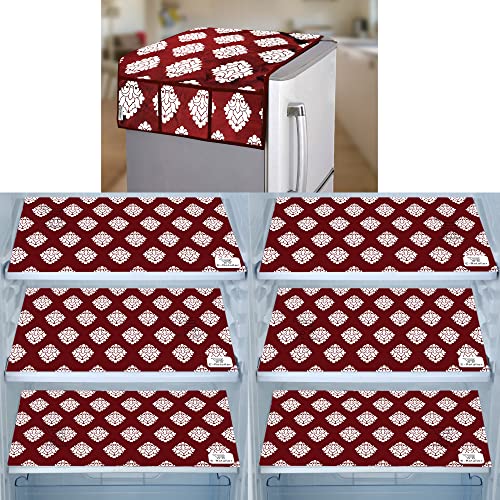 Image of Polyester 3-Layered Fridge Top Cover /Refrigerator Cover with Utility Pockets and Set of 6 Pc Fridge Mats (Color-Maroon, Size-39x21 Inch)
