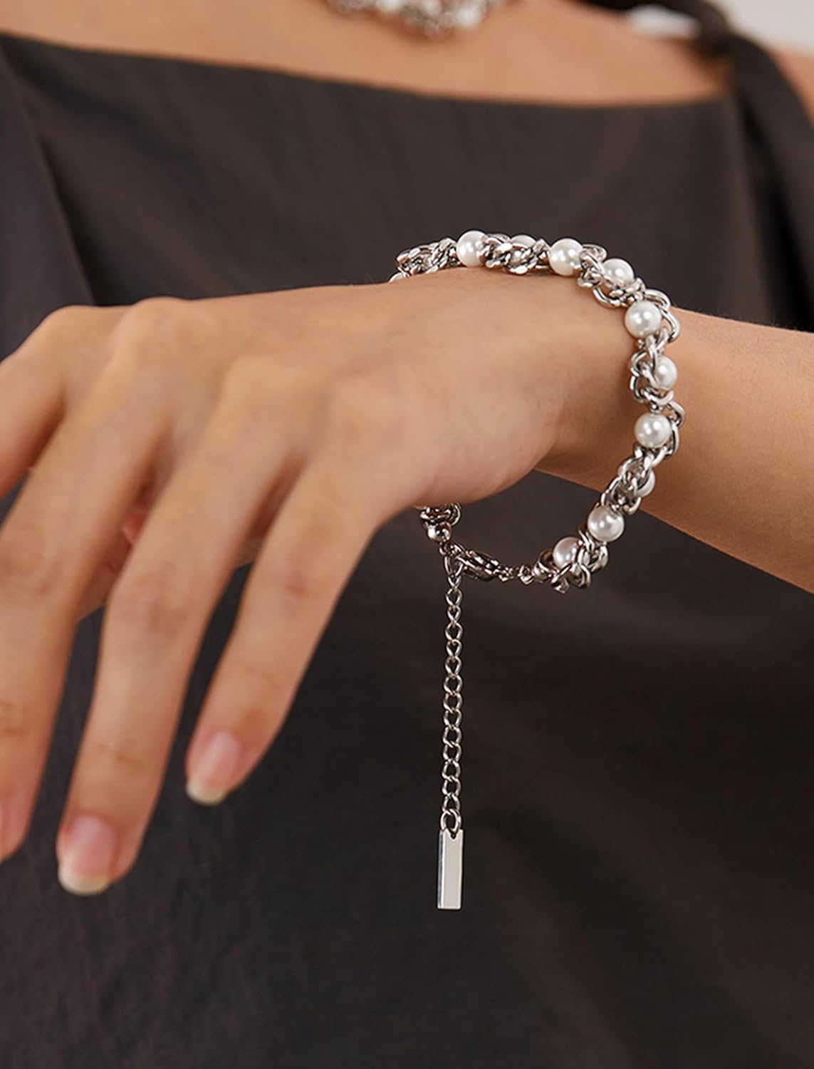 Faux Pearl Chain Bracelet for Women, White Silver Gold Plated Stainless Steel Link Cuff Bridal Wedding Christmas Valentine's Day Mother's Day Anniversary Birthday Jewelry Gifts Box for Her - Image 2