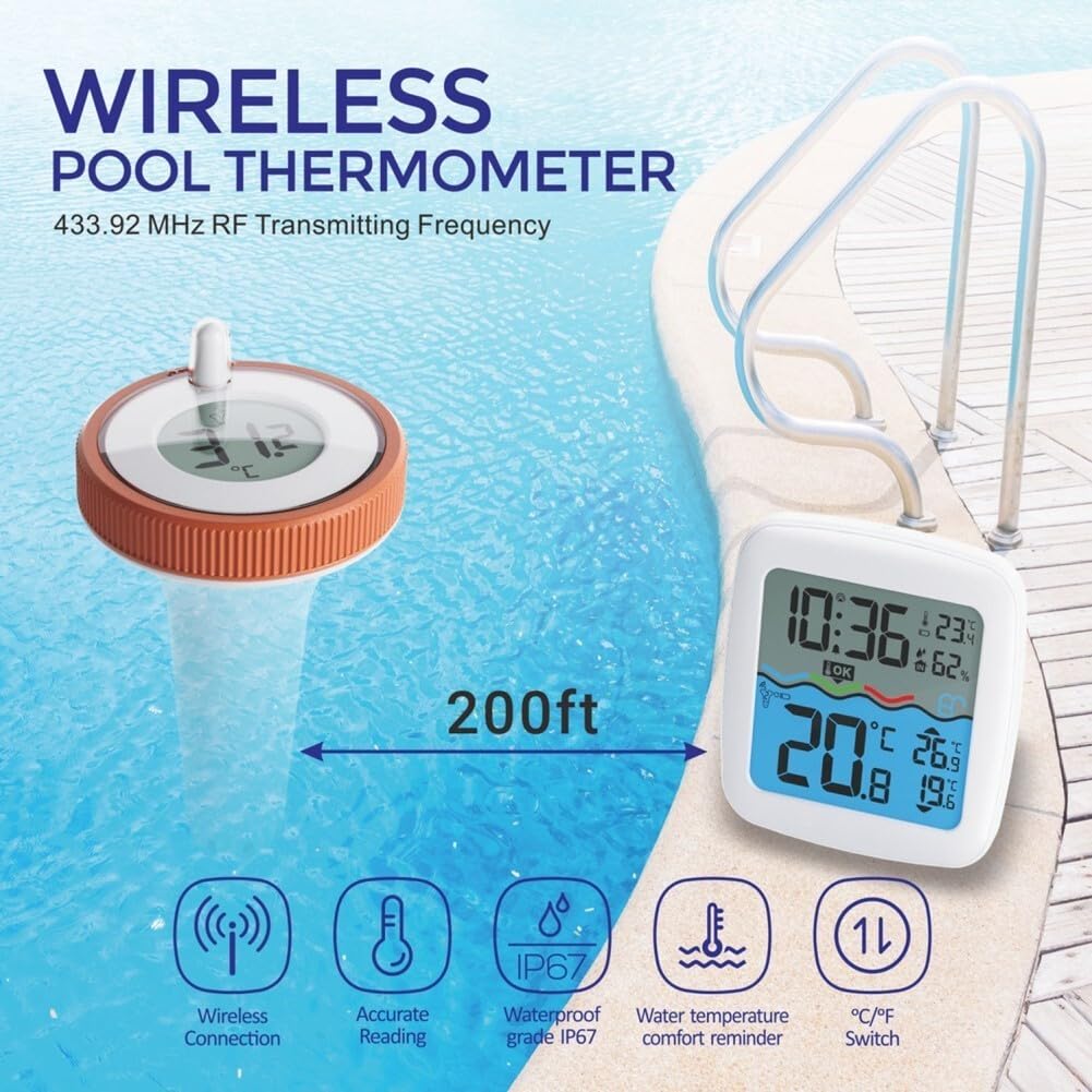 Thermomètre flottant sans fil IP67 - Moniteur numérique de température et d'humidité pour piscines, spas, aquariums, saunas et utilisation en intérieur