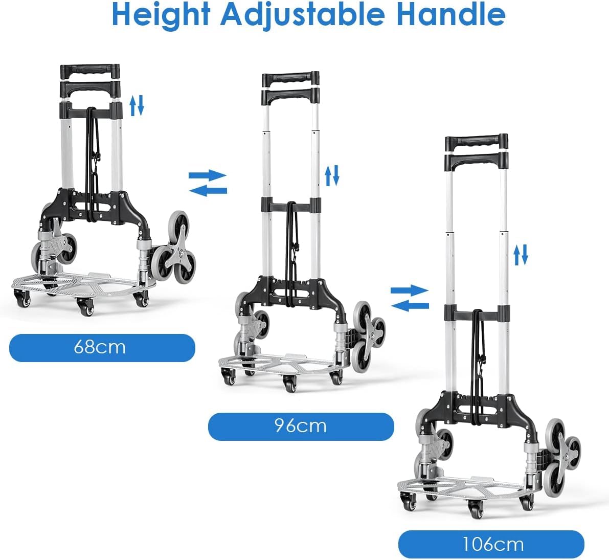 Chariot d'escalier – Diable robuste d'une capacité de 117,9 kg, chariot pliable avec poignée télescopique, 10 roues et 2 cordes élastiques pour la maison, le shopping et les déménagements