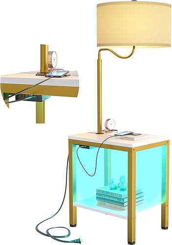 LityMax Lámpara de pie LED con mesa, mesa auxiliar con luz LED y toma de corriente, mesita de noche con lámpara, mesa auxiliar con lámpara adjunta