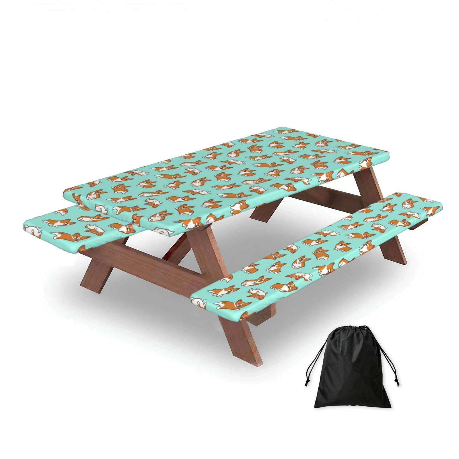 Corgi Cute Dog, Picnic Table Cover With Bench Covers -Waterproof Elastic Fitted Tablecloth for Garden Camping Patio 76x152cm