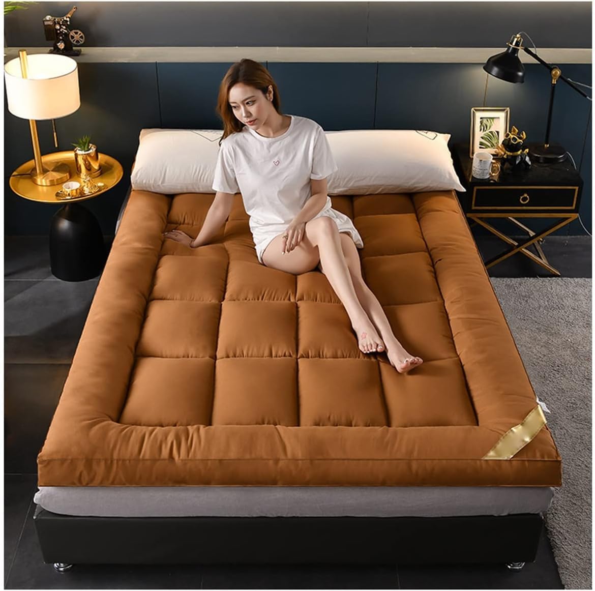 Pioneer Super Soft Material Mattress Topper, 85 Gsm Microfiber 1 cm Stripe - 500Gsm Soft, Firm, Extra Thick Fibersheet With 4 Sides Elastic Bands (Brown, Single - L200 x W100 cm)