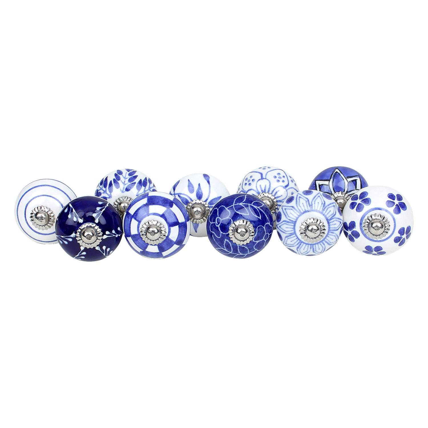 Ajuny Set da 10 Pomelli Cucina in Ceramica Blu e Bianco – Dipinti a Mano, Finitura Lucida – Maniglie Decorative per Mobili, Ante di Armadi Cassetti di Cucina e Bagno – Viti Incluse