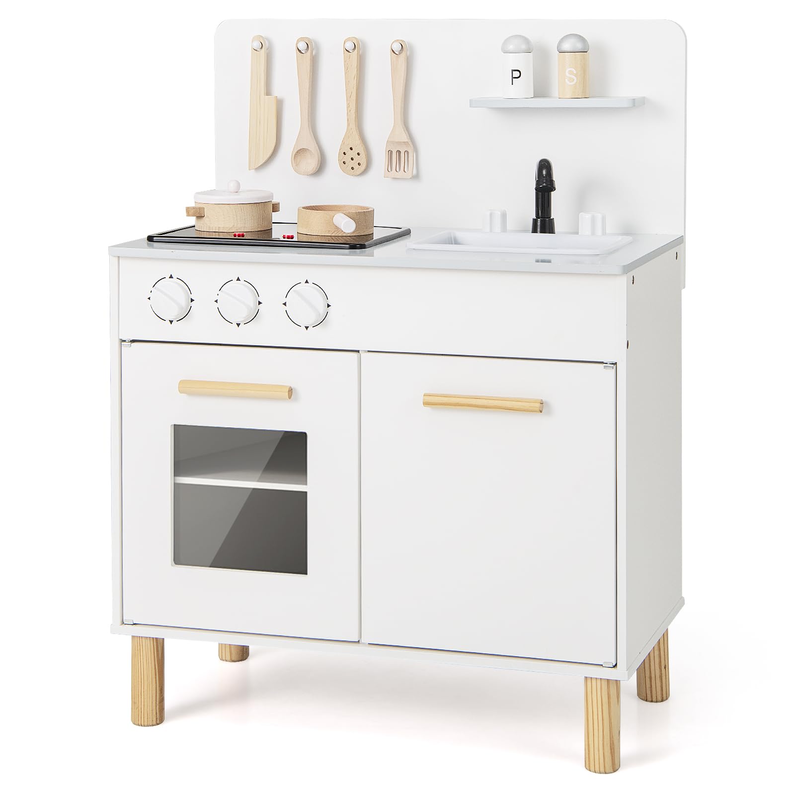 DREAMADE Kinderküche Holz mit 10 TLG. Zubehör, Kinder Küche mit Waschbecken Herd Backoffen, Mini Holzküche, Spielküche mit Licht und Geräuschen für Kleinkinder ab 3 Jahren (Weiß)