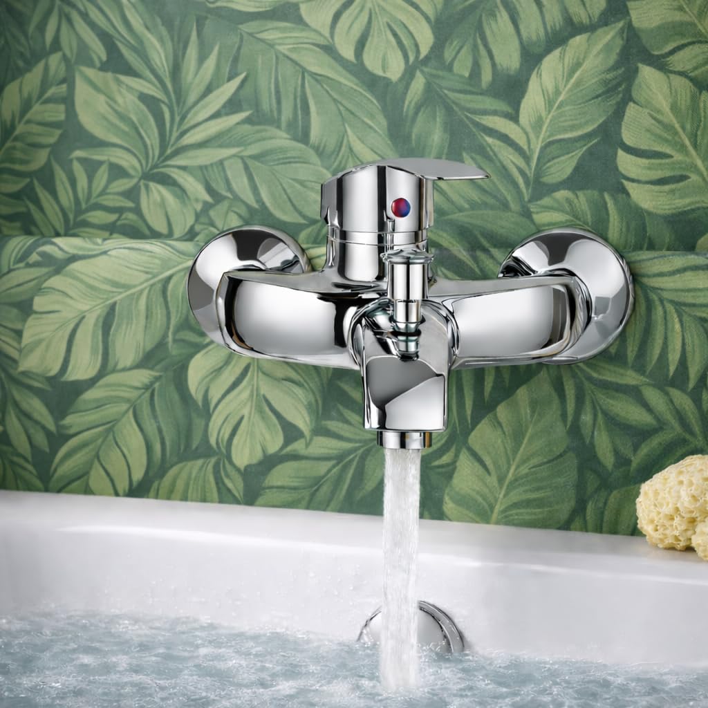 Miscelatore Vasca da Bagno Monocomando Cromato con Deviatore per Doccetta | Rubinetto da Parete Moderno con Attacco Doccia Posteriore 1/2”