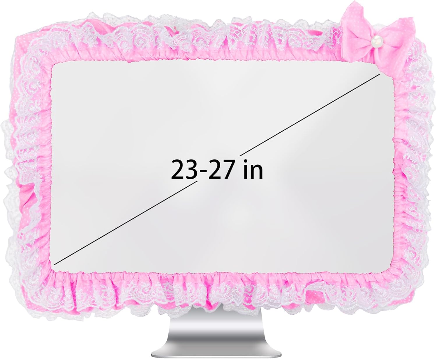 23"-27" Lovely Cute Computer Monitor Cover with Lovely Cute Elastic Pen Pocket Bow-knot TV LCD Screen Monitor Decoration Dust Cover Protector, Lace Fabric, Pink