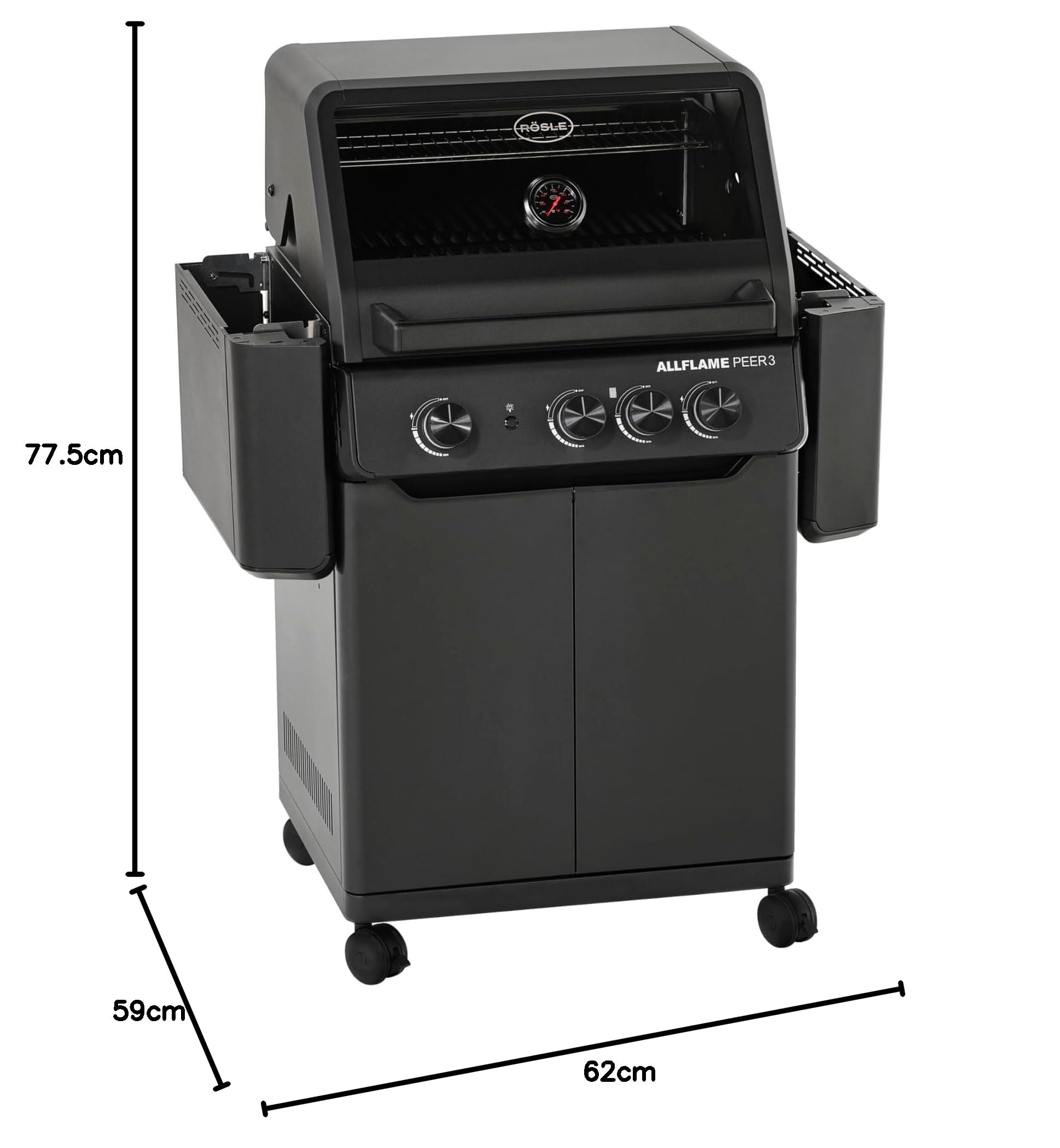 RÖSLE ALLFLAME Peer 3 Barbacoa de Gas con 3 Quemadores (3.5 kW cada uno), CRISPZONE (3 kW) hasta 450°C, Superficie de Asado 60x45 cm, Rejillas de Fundición, Fundición Inyectada de Aluminio, Negro