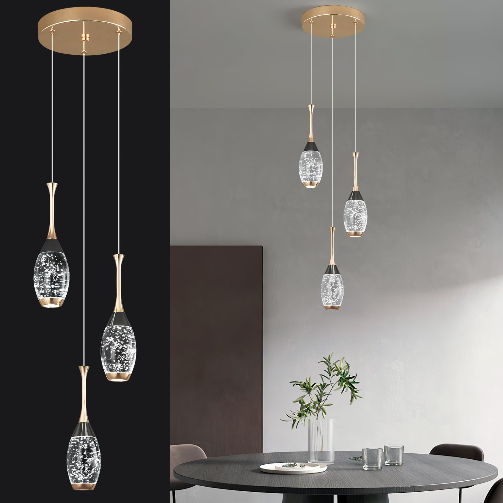 ZYBWL Modern Black Gold Pendant Light LED Height Adjustable Ceiling Lights Mini Teardrop Crystal Pendant Lamp for Kitchen Island Bedroom Hallway Entrance（3-Light）