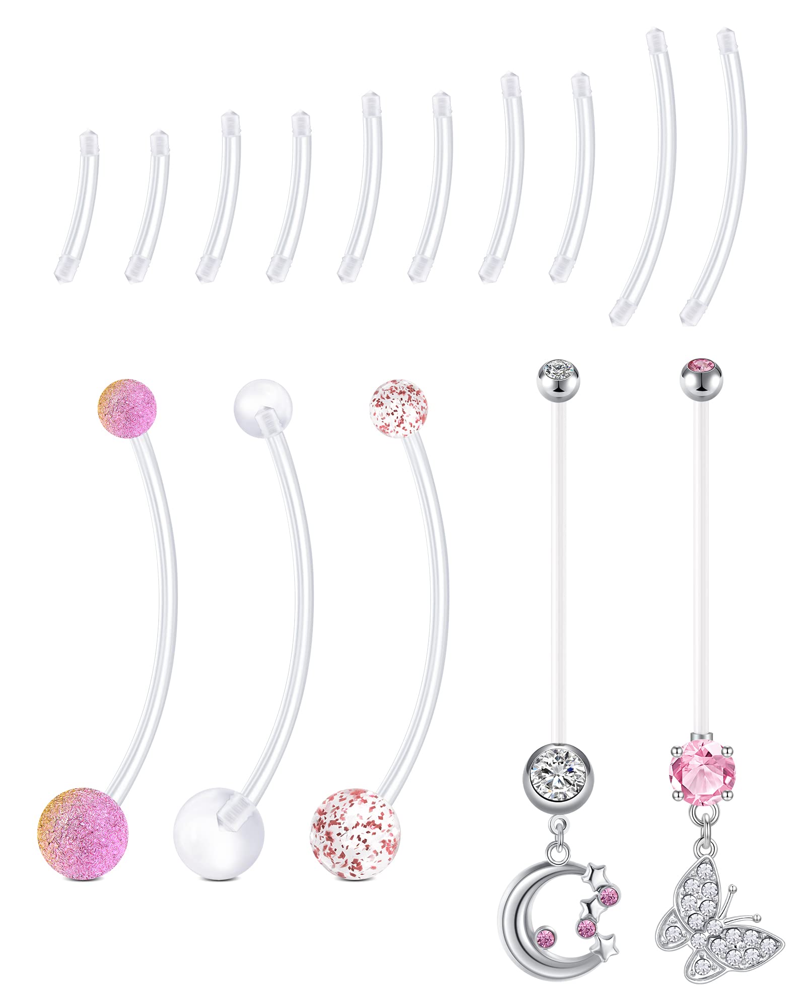 LAURITAMIPiercing Ombligo Embarazo Plástico 18/25/38mm 14G Cristal Barbell Largo Curvado Anillos Vientre Colgante Deportes Joyas Cuerpo