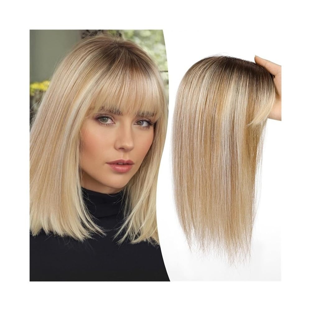 Haartopper für Frauen 12-Zoll-Topper aus Echthaar mit Pony, 10 × 12 cm, Topper mit Spitzenbasis, Haarteile, gerader Clip-in-Topper aus Echthaar for Frauen mit dünner werdendem Haar/Haarausfall Haartei