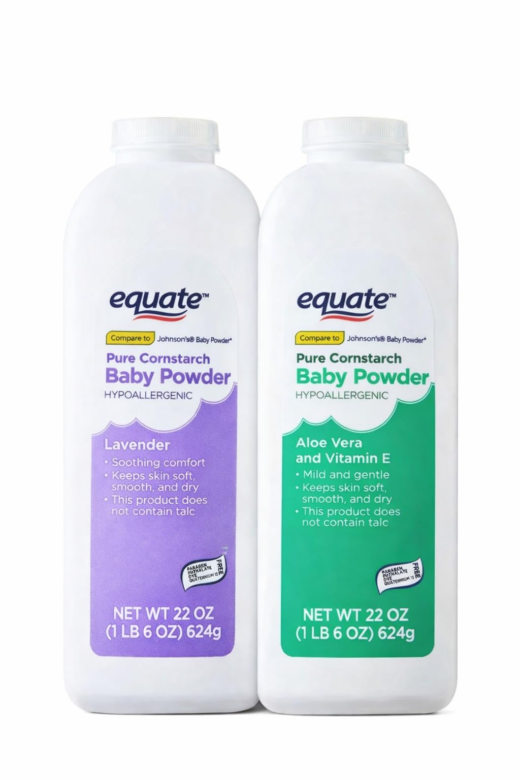Equate Pure Cornstarch Baby Powder Bundle-Includes 1 Pack 22 Oz Lavender Chamomile, 1 Pack 22 Oz Aloe Vera Vitamin E