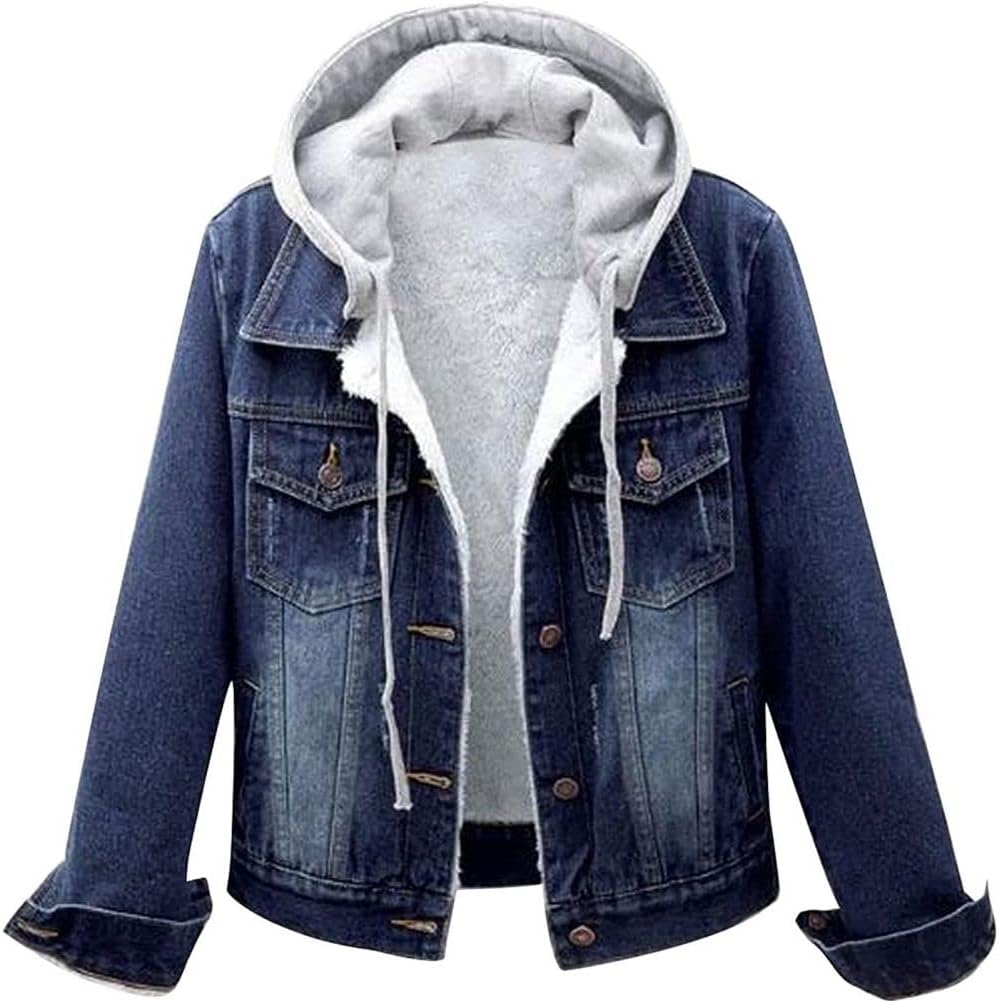 Denim Jacket Women Winter Korean Style Hooded Short Long-Sleeved Woolen Cloth Plus Velvet Thick Lamb Wool Cotton Coat - M