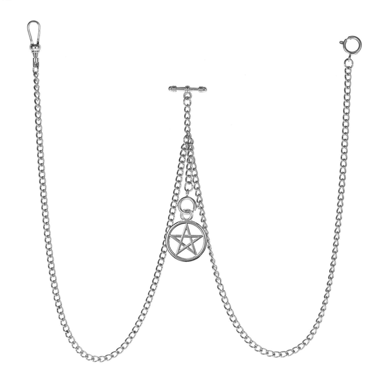 Men's Double Albert Chain Pocket Watch Curb Link Key Chain 3 Hooks with Antique Five-Pointed Star Pendant Design Charm Fob T Bar