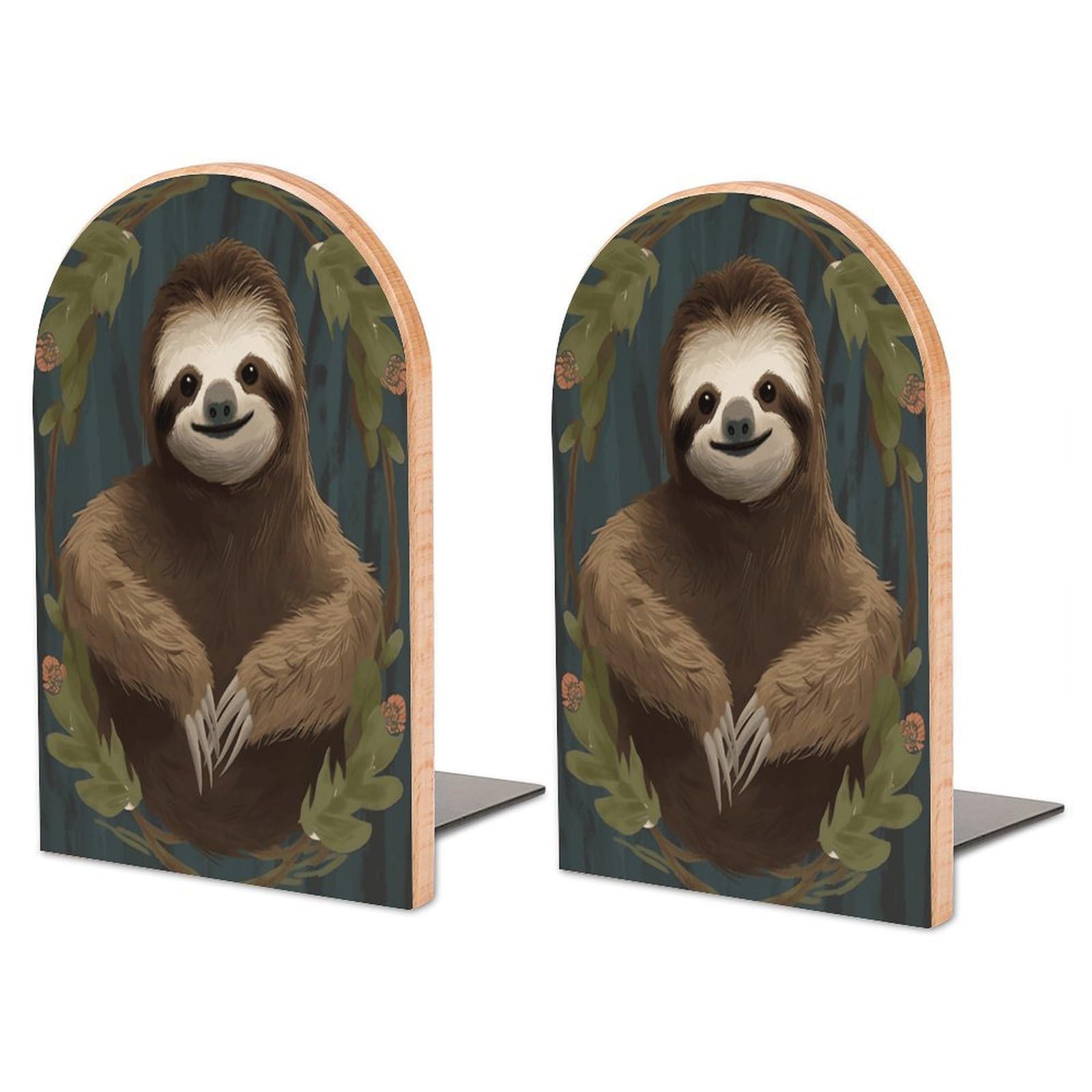 Sloth Bookend for Shelves Wooden Book End Large Size Sturdy Book Holders Stoppers with Metal Base for Bookshelves Slick Decorative Bookends Stands