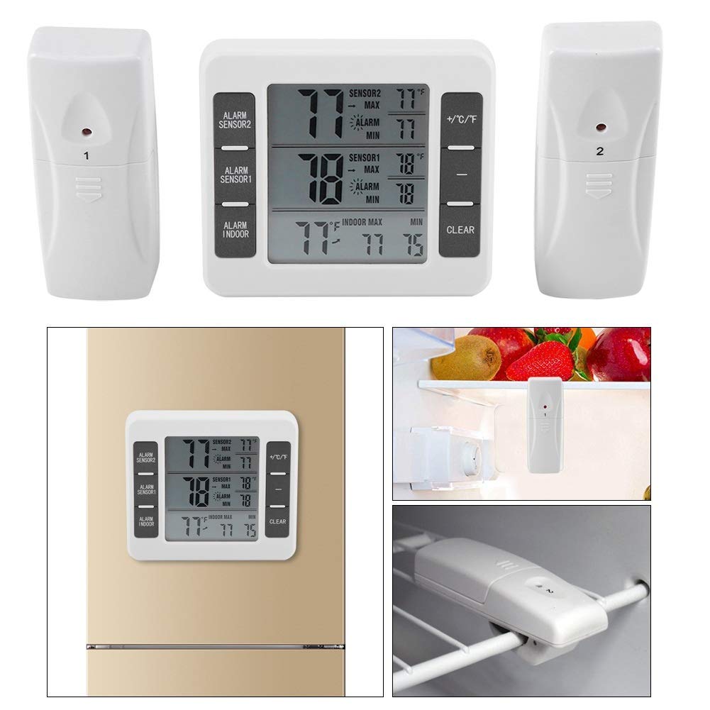 Thermomètre de Réfrigérateur, Thermomètre de Frigo Numérique Thermomètre de Congélation d'alarme Sonore Numérique sans fil avec affichage Min/Max de capteur 2PCS